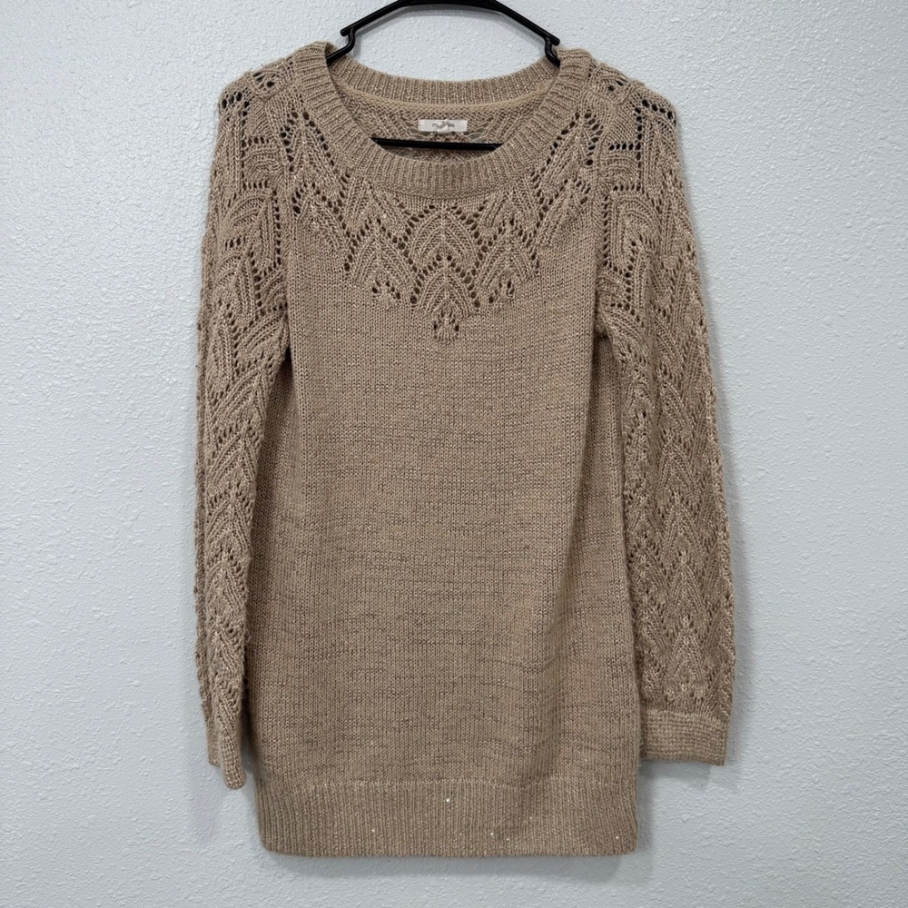 Maurices Womens Knit Sweater Beige Lace Detail Sparkle Size Small